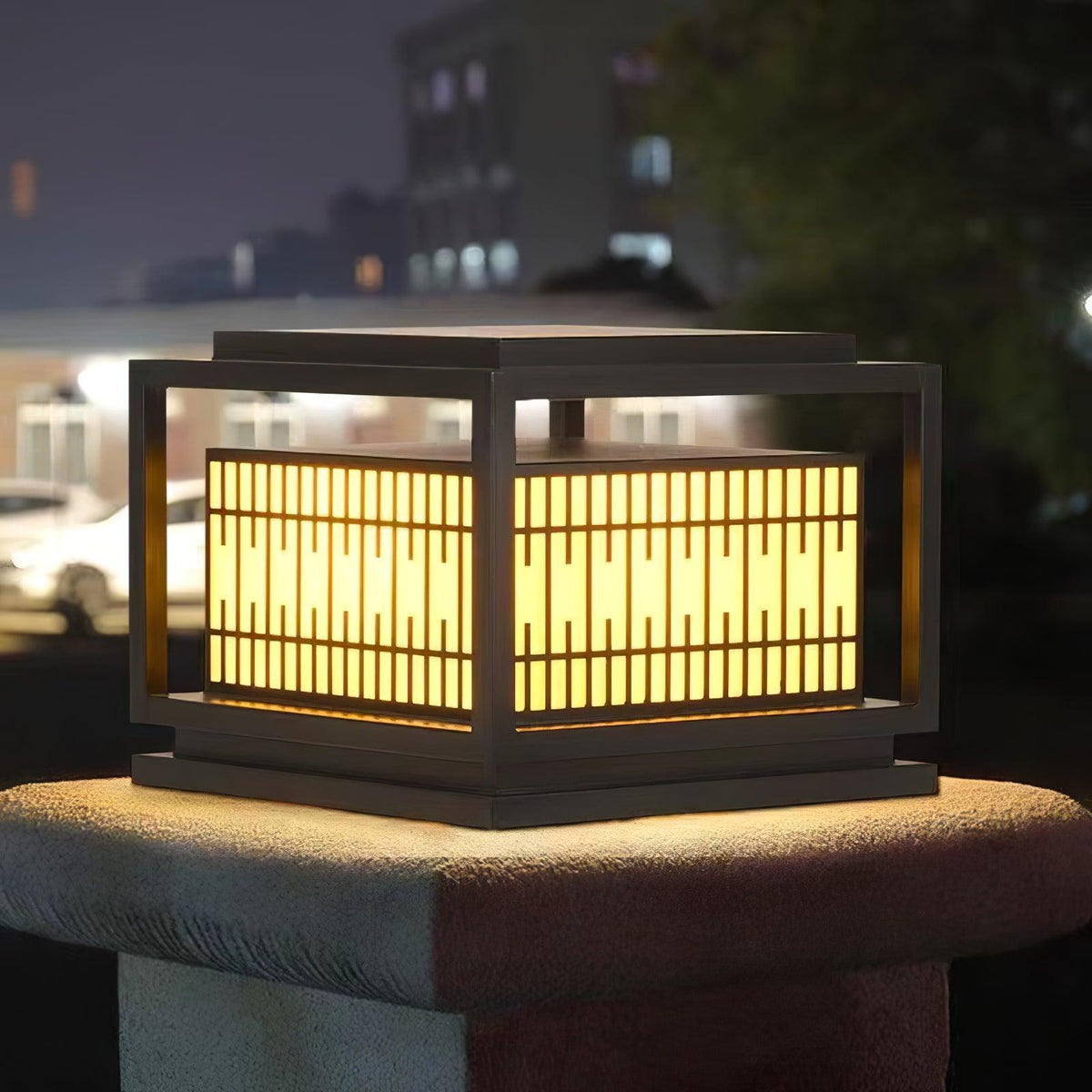 Window Grille Outdoor Post Light in Black & White with Alabaster Panels