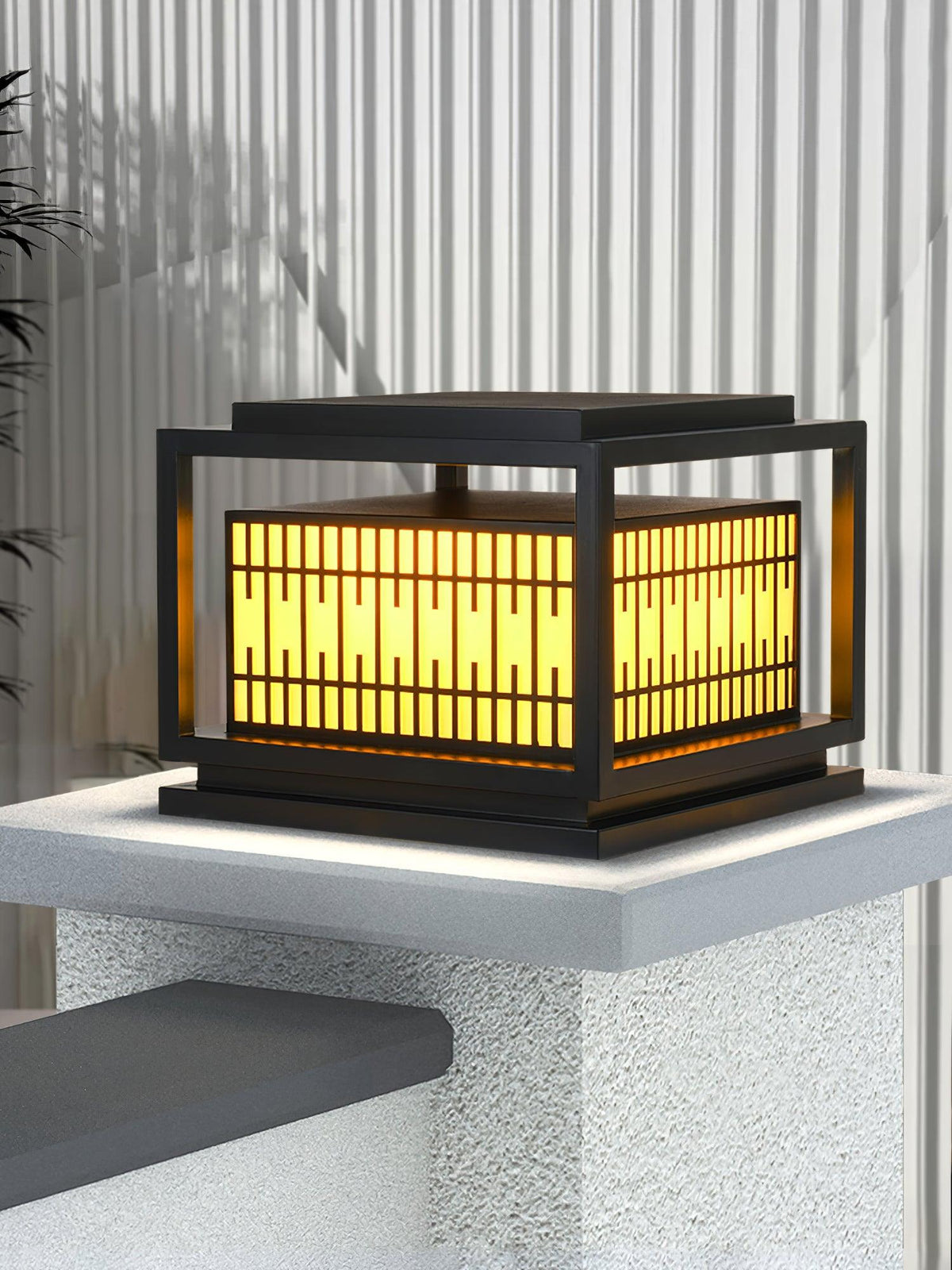 Window Grille Outdoor Post Light in Black & White with Alabaster Panels