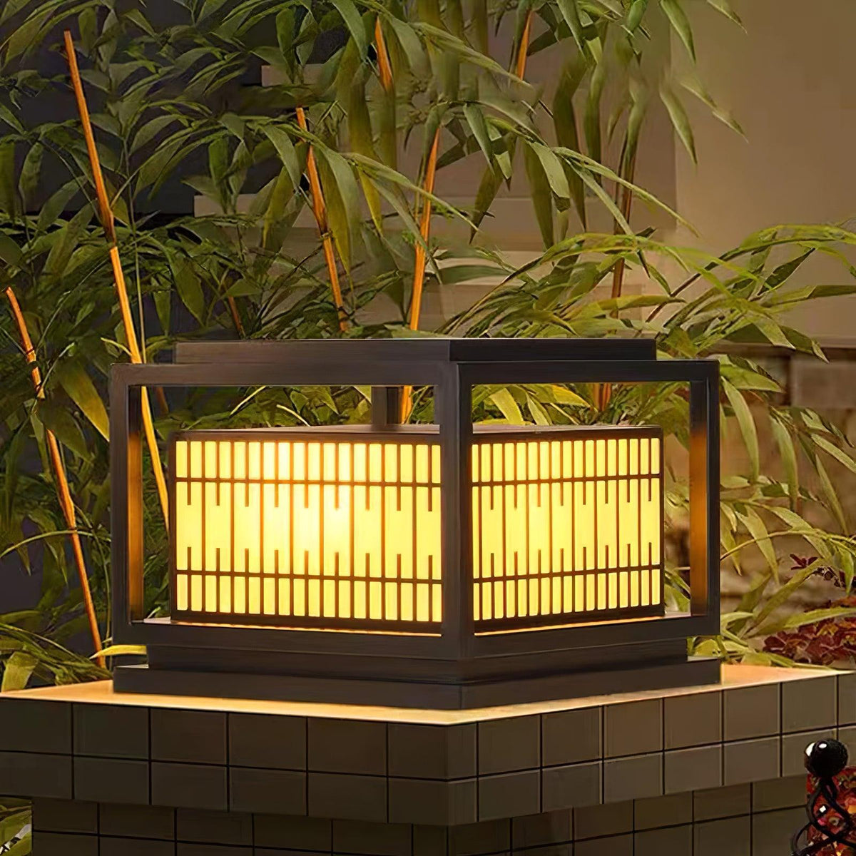 Window Grille Outdoor Post Light in Black & White with Alabaster Panels