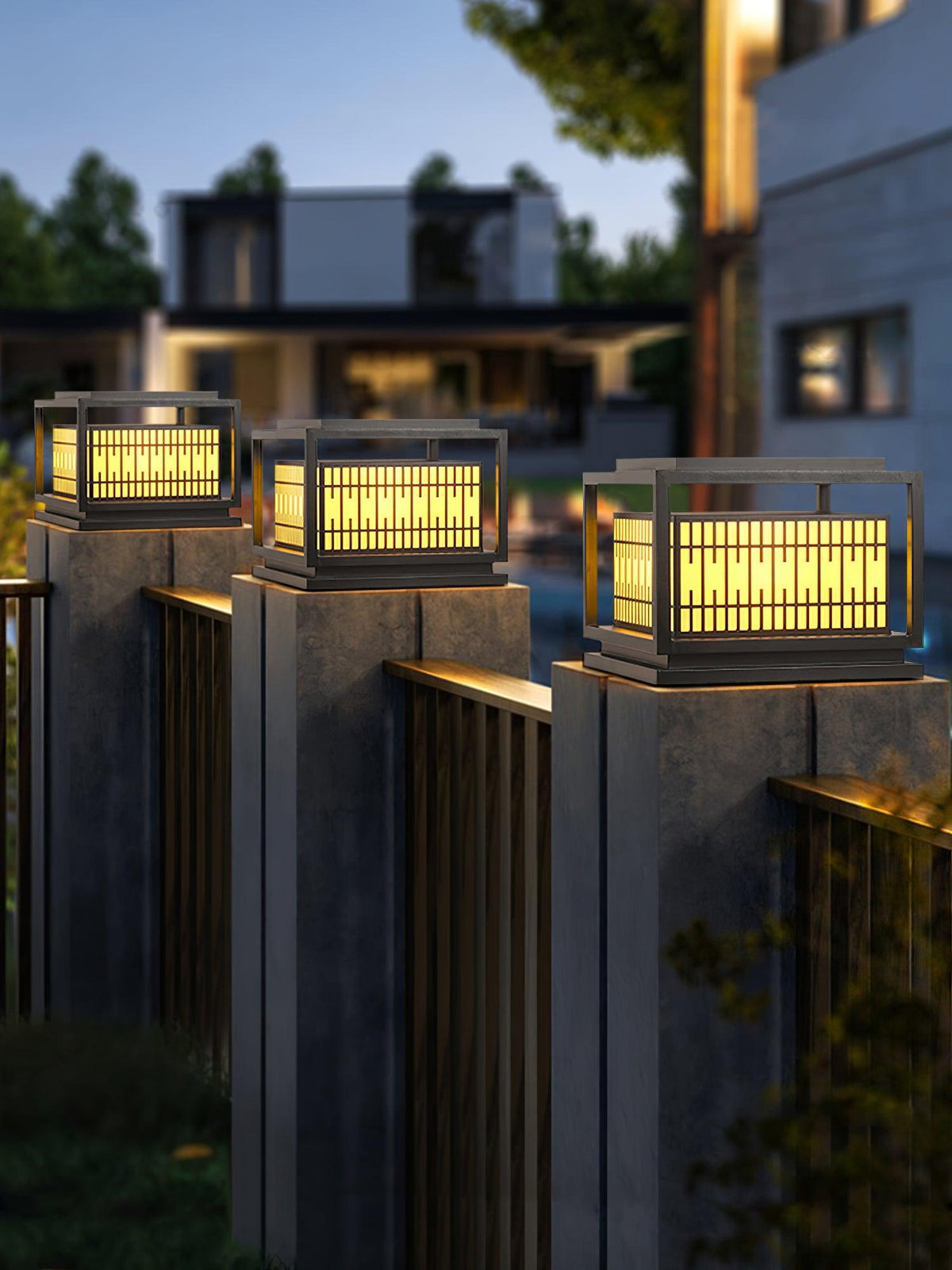 Window Grille Outdoor Post Light in Black & White with Alabaster Panels