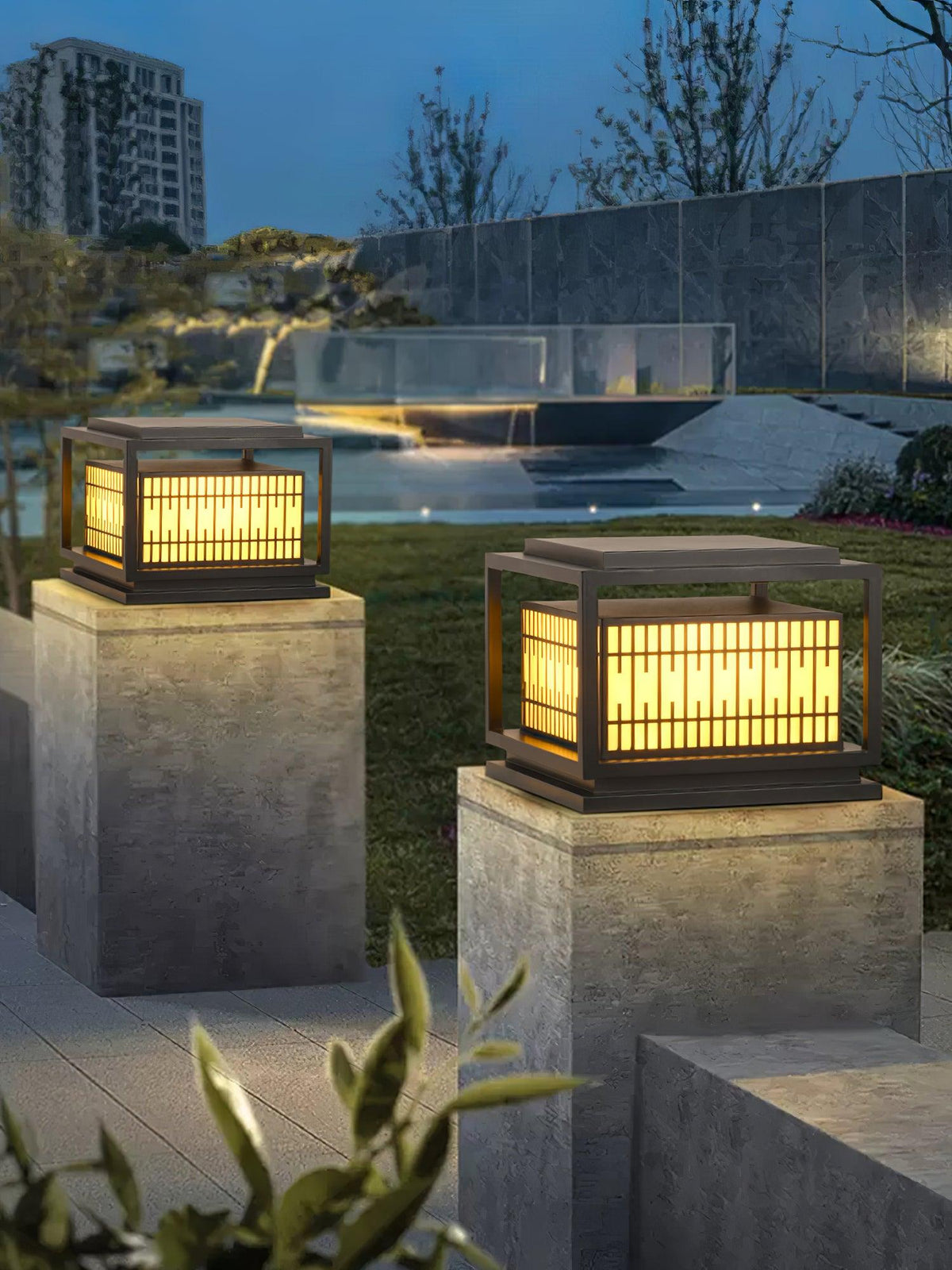 Window Grille Outdoor Post Light in Black & White with Alabaster Panels