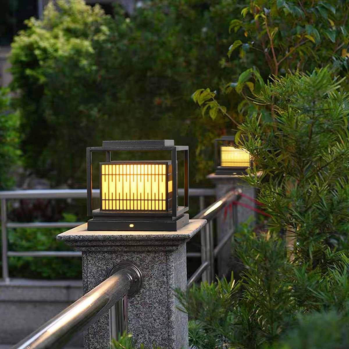 Window Grille Outdoor Post Light in Black & White with Alabaster Panels