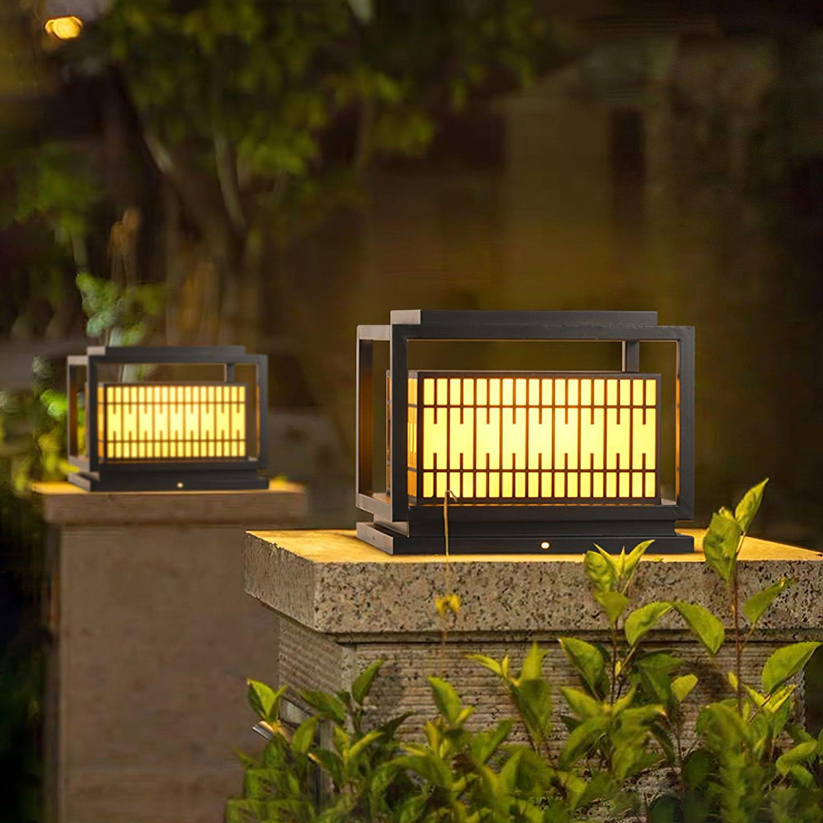 Window Grille Outdoor Post Light in Black & White with Alabaster Panels