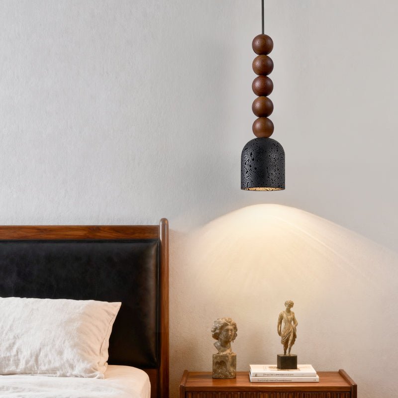 Walnut Wood Bead Travertine Pendant Light, Natural Stone Shade
