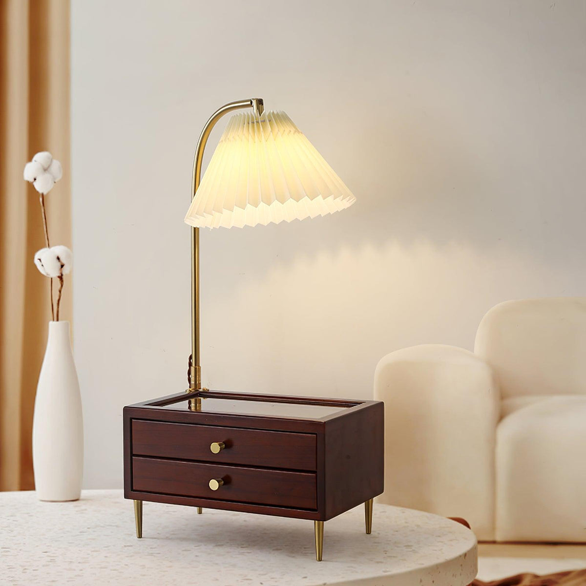 Reclaimed Wood Drawer Table Lamp with Fabric Shade