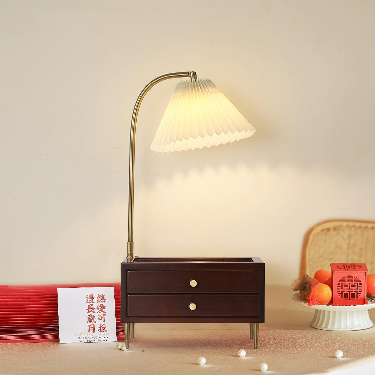 Reclaimed Wood Drawer Table Lamp with Fabric Shade