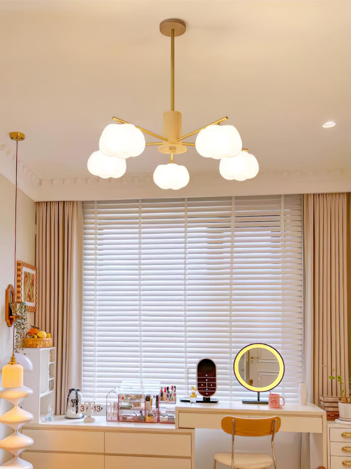 Modern Wooden Cotton Ball Chandelier with Gold Metal Accents for Living Room and Dining Room