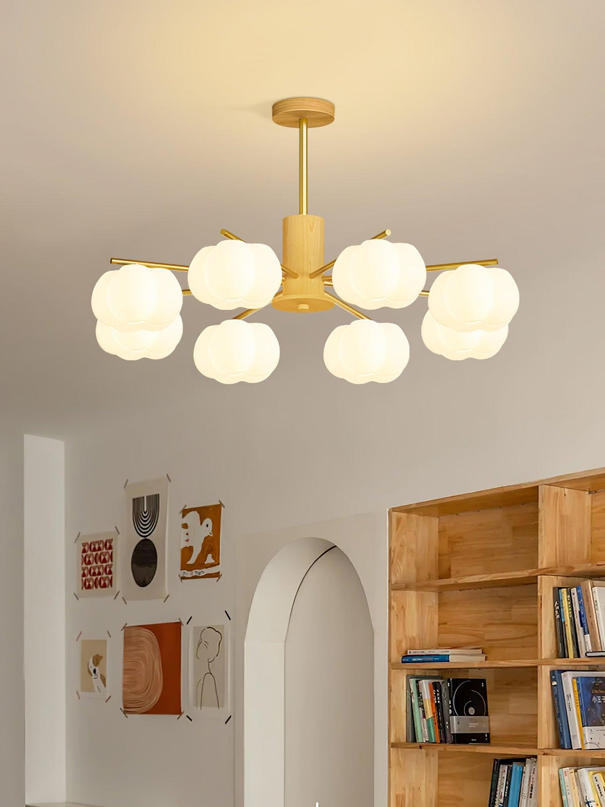 Modern Wooden Cotton Ball Chandelier with Gold Metal Accents for Living Room and Dining Room