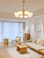 Modern Wooden Cotton Ball Chandelier with Gold Metal Accents for Living Room and Dining Room