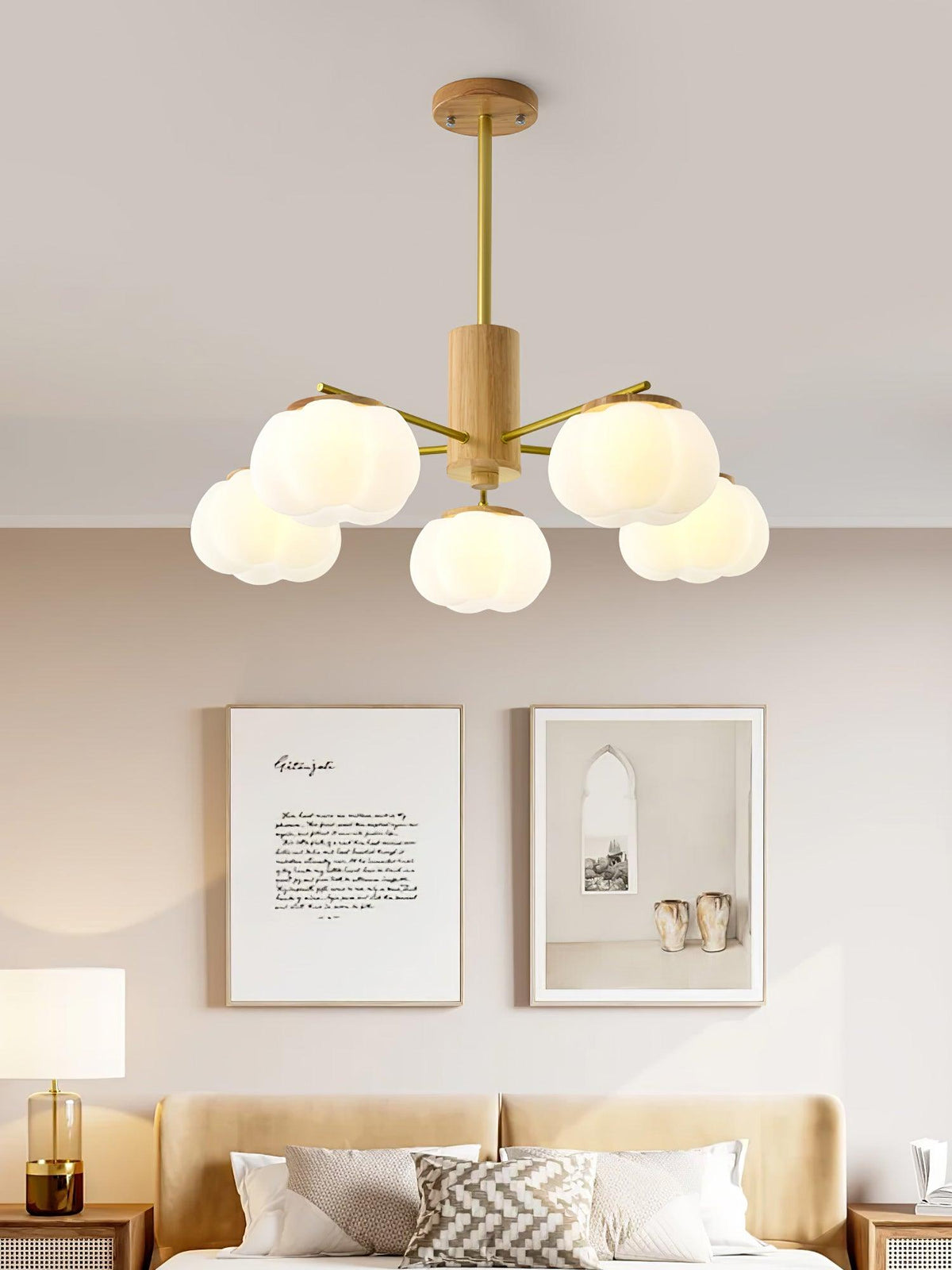 Modern Wooden Cotton Ball Chandelier with Gold Metal Accents for Living Room and Dining Room