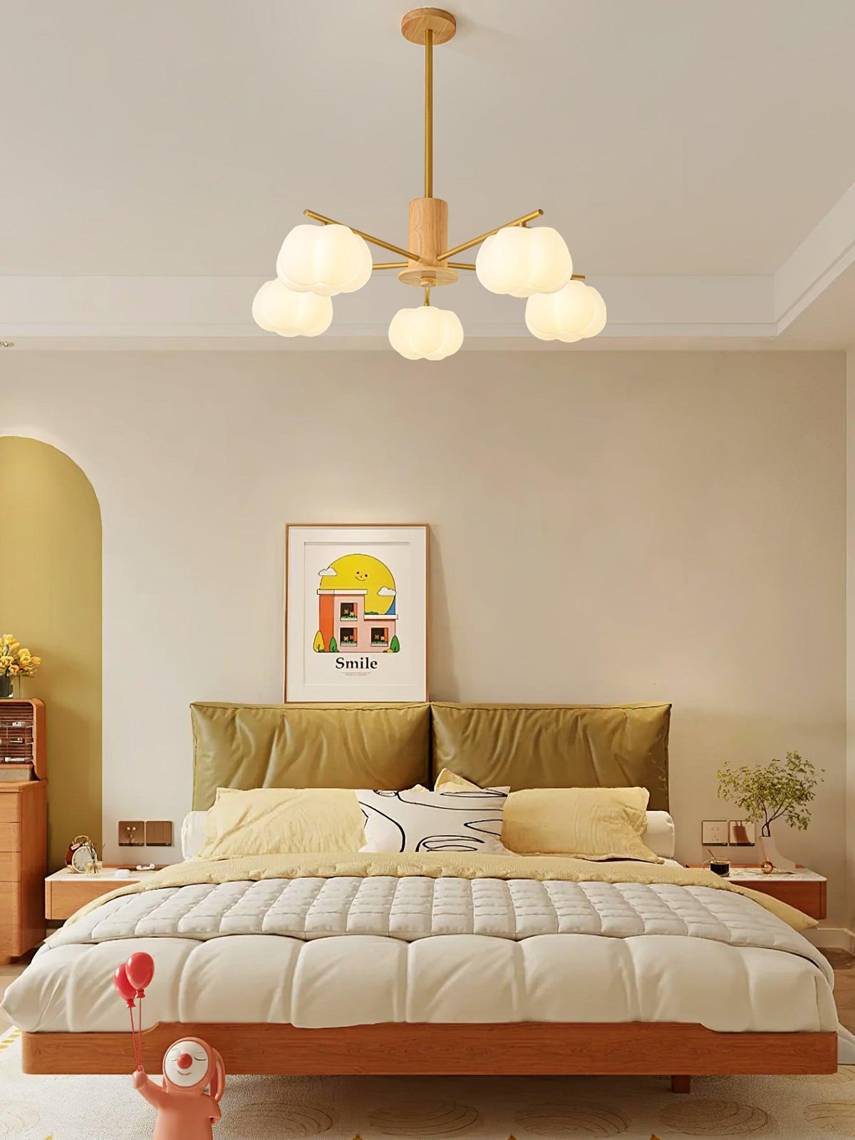 Modern Wooden Cotton Ball Chandelier with Gold Metal Accents for Living Room and Dining Room