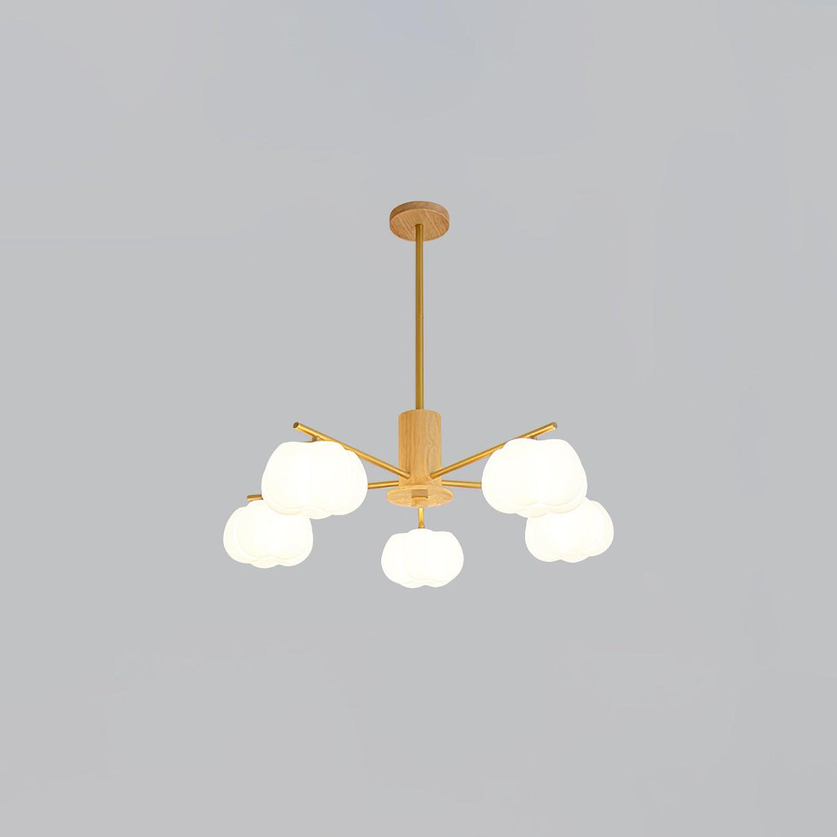 Modern Wooden Cotton Ball Chandelier with Gold Metal Accents for Living Room and Dining Room