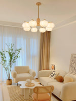 Modern Wooden Cotton Ball Chandelier with Gold Metal Accents for Living Room and Dining Room