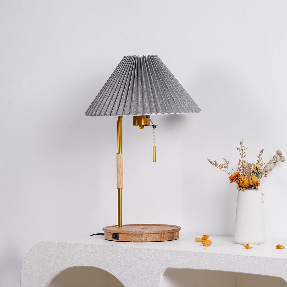 Pleated Retro Wooden Table Lamp with Brass Accents