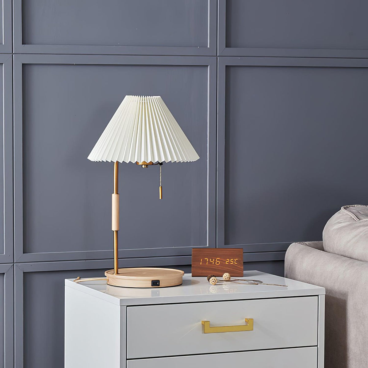 Pleated Retro Wooden Table Lamp with Brass Accents