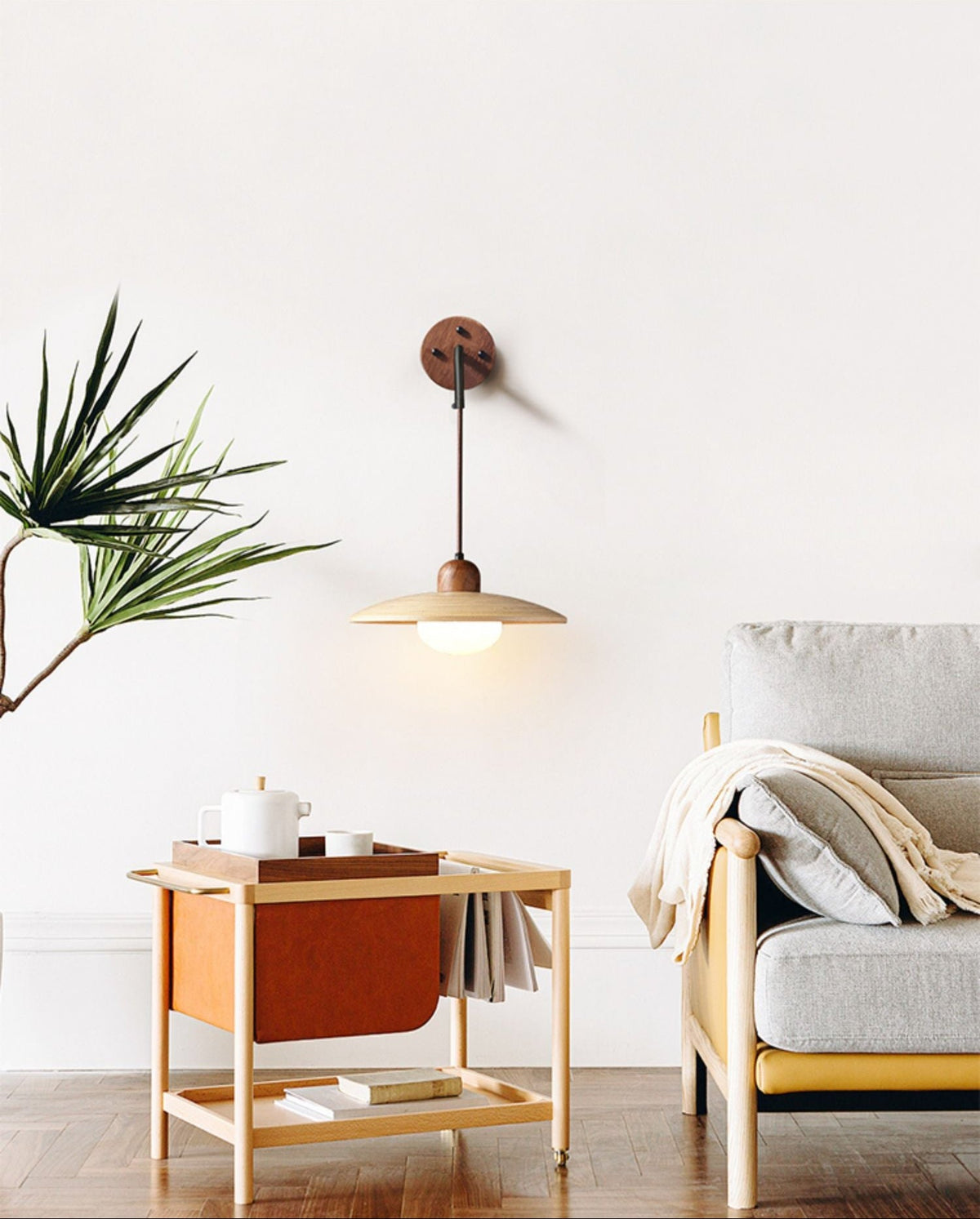 Modern Wooden Saucer Wall Sconce with Walnut Finish for Bedroom and Living Room