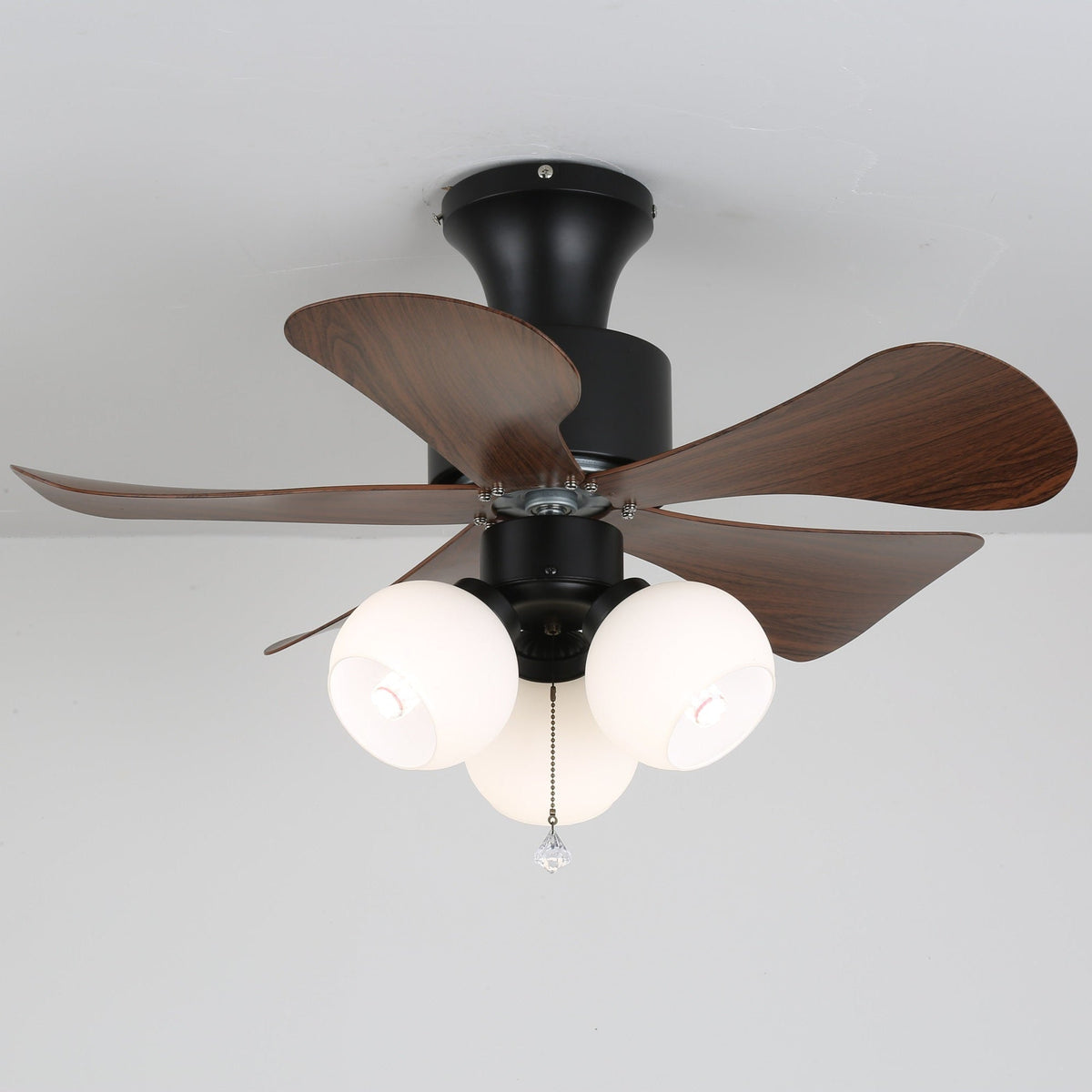 Woodgrain Charm Ceiling Fan with Amber Glass Globes and Remote