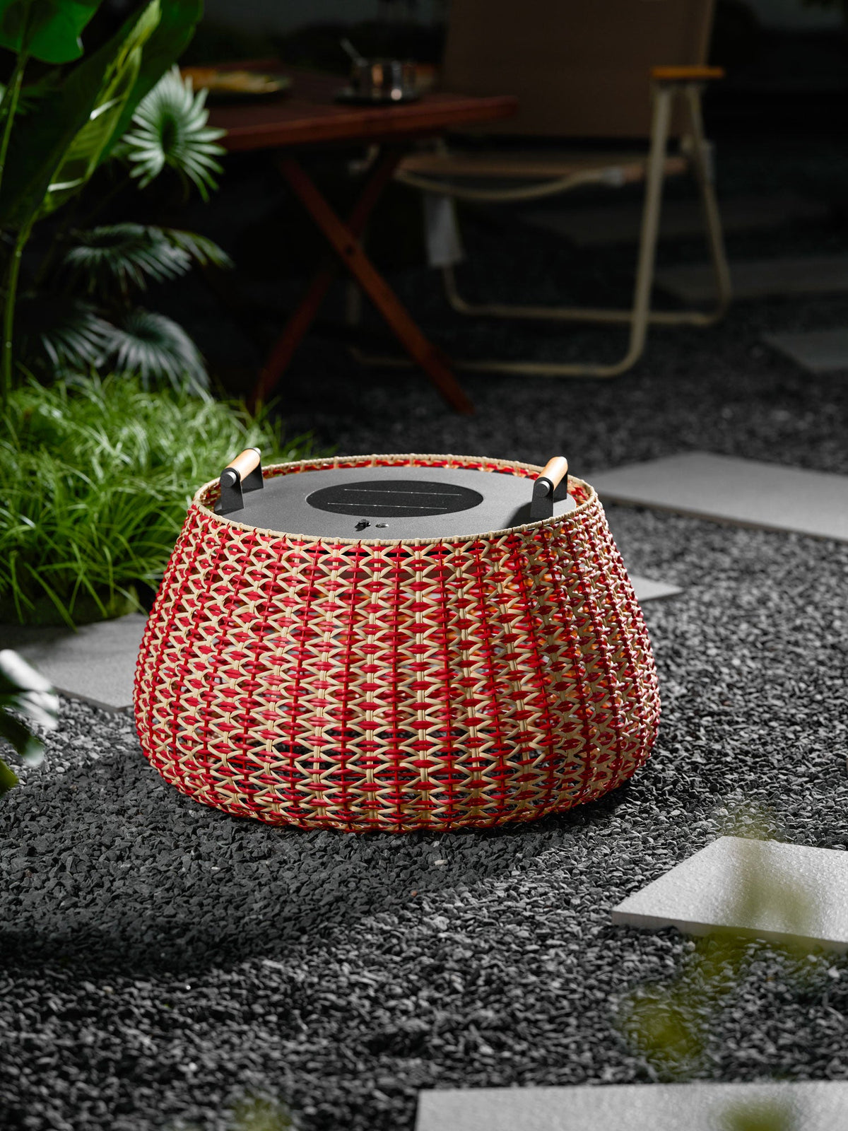 Solara Weave Solar-Powered Outdoor Lantern with Woven Red Shade