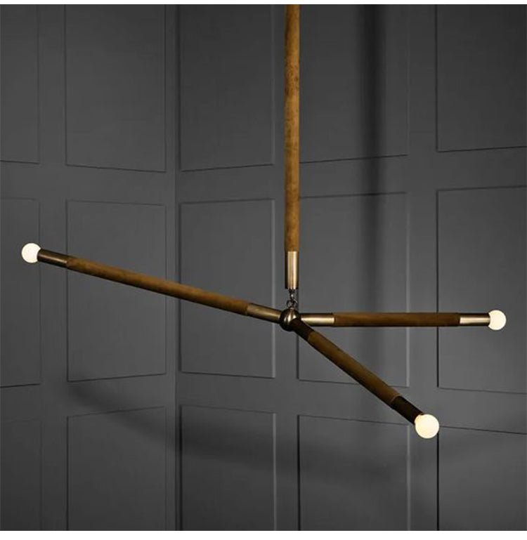Wrapped Linear Chandelier in Brass and Leather – Modern Mid-Century Pendant Light