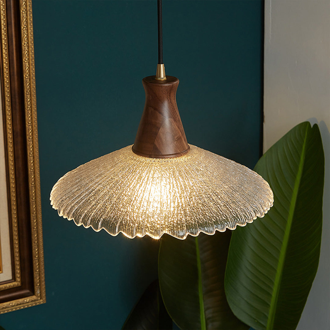 Walnut Wood Pendant Light with Brass Accents and Glass Shade
