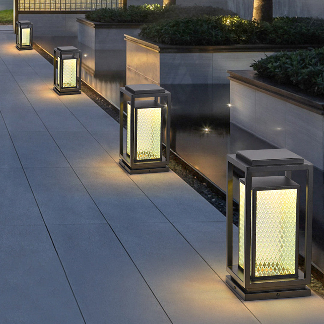 Industrial Outdoor Glass Lantern Bollard Light, Weatherproof Black Square Lawn Lamp