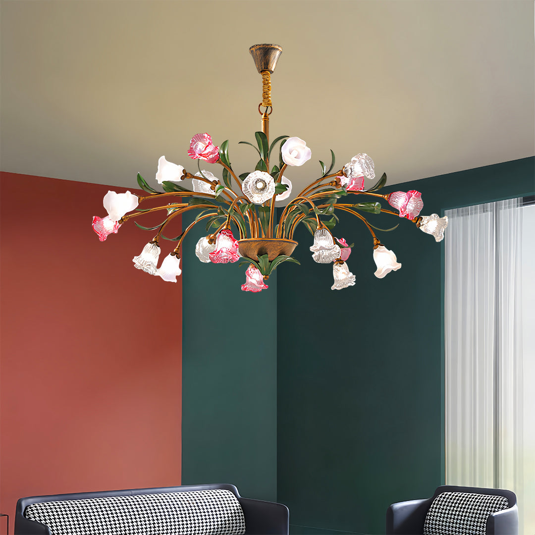 Vintage French Country Floral Iron Chandelier with Glass Shades