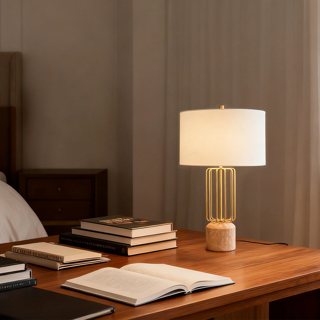 Nordic Geometric Cage Table Lamp with Limestone Base and Fabric Shade