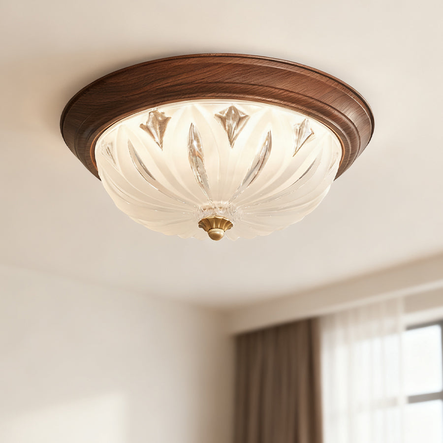 Walnut Retro Flush Mount Ceiling Light with Clear Glass Shade