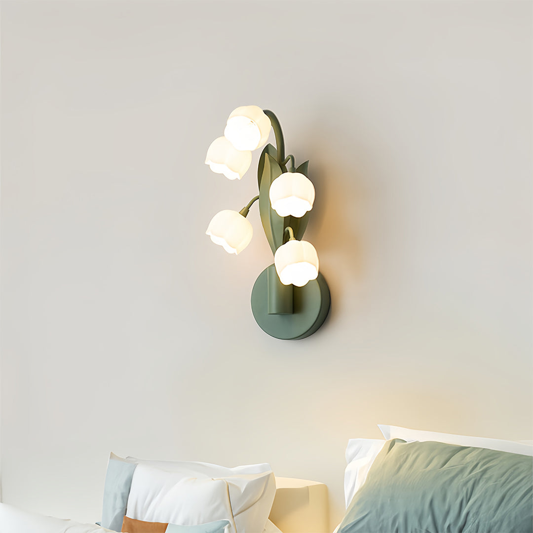 French Country Bellflower Glass Wall Sconce – Green Iron Floral Light