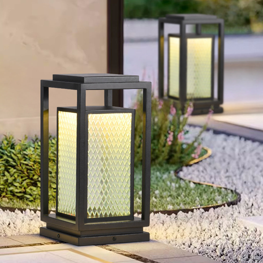 Industrial Outdoor Glass Lantern Bollard Light, Weatherproof Black Square Lawn Lamp