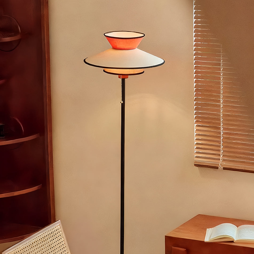 Vintage Ambient Floor Lamp with Pull Chain and Fabric Shade