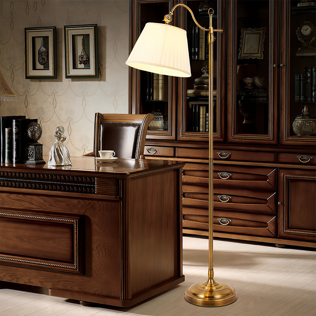 Copper Arc Floor Lamp with Fabric Shade – Vintage Modern Illumination