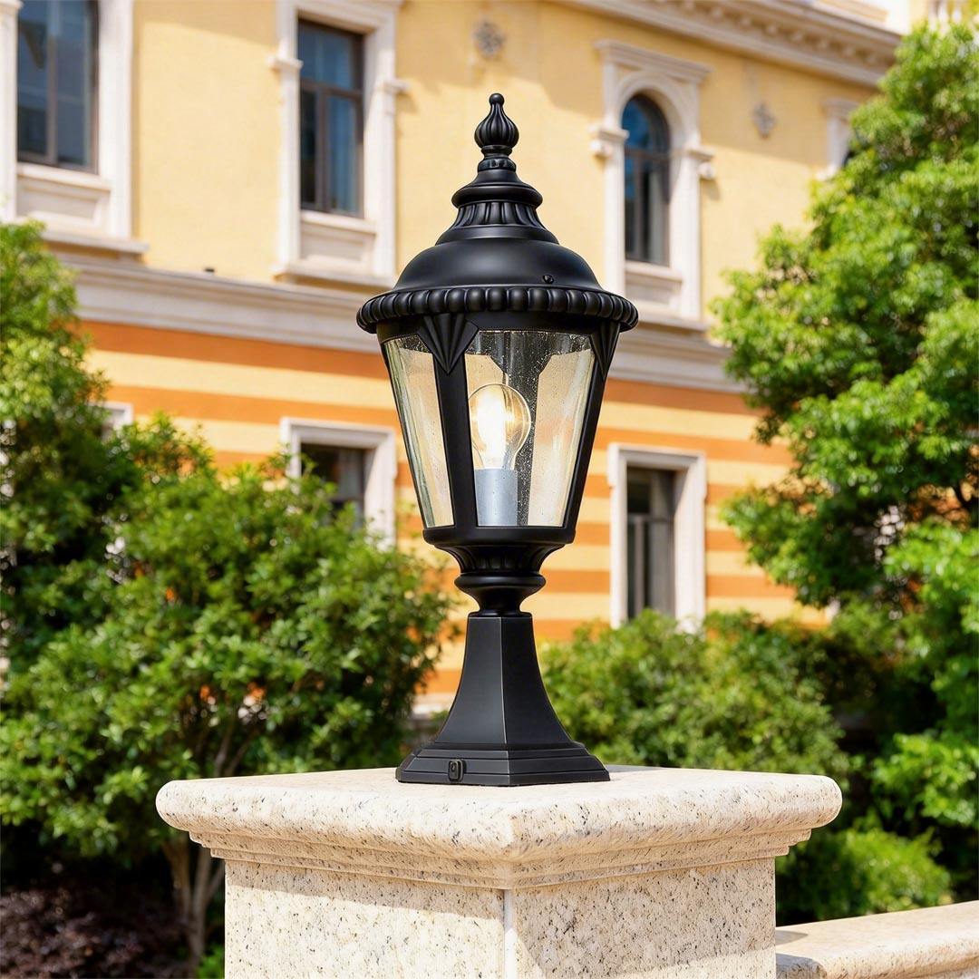 Outdoor Pillar Column Light with Clear Glass Shade in Sand-Black Aluminum