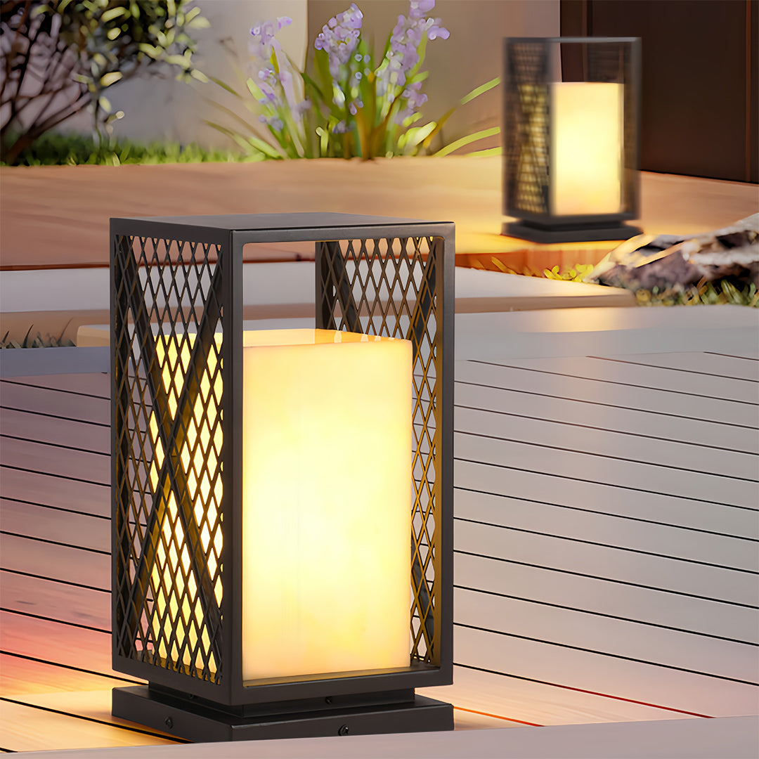 Black Outdoor Floor Lantern with Marble-Textured Shade, IP65 Waterproof Bollard Light