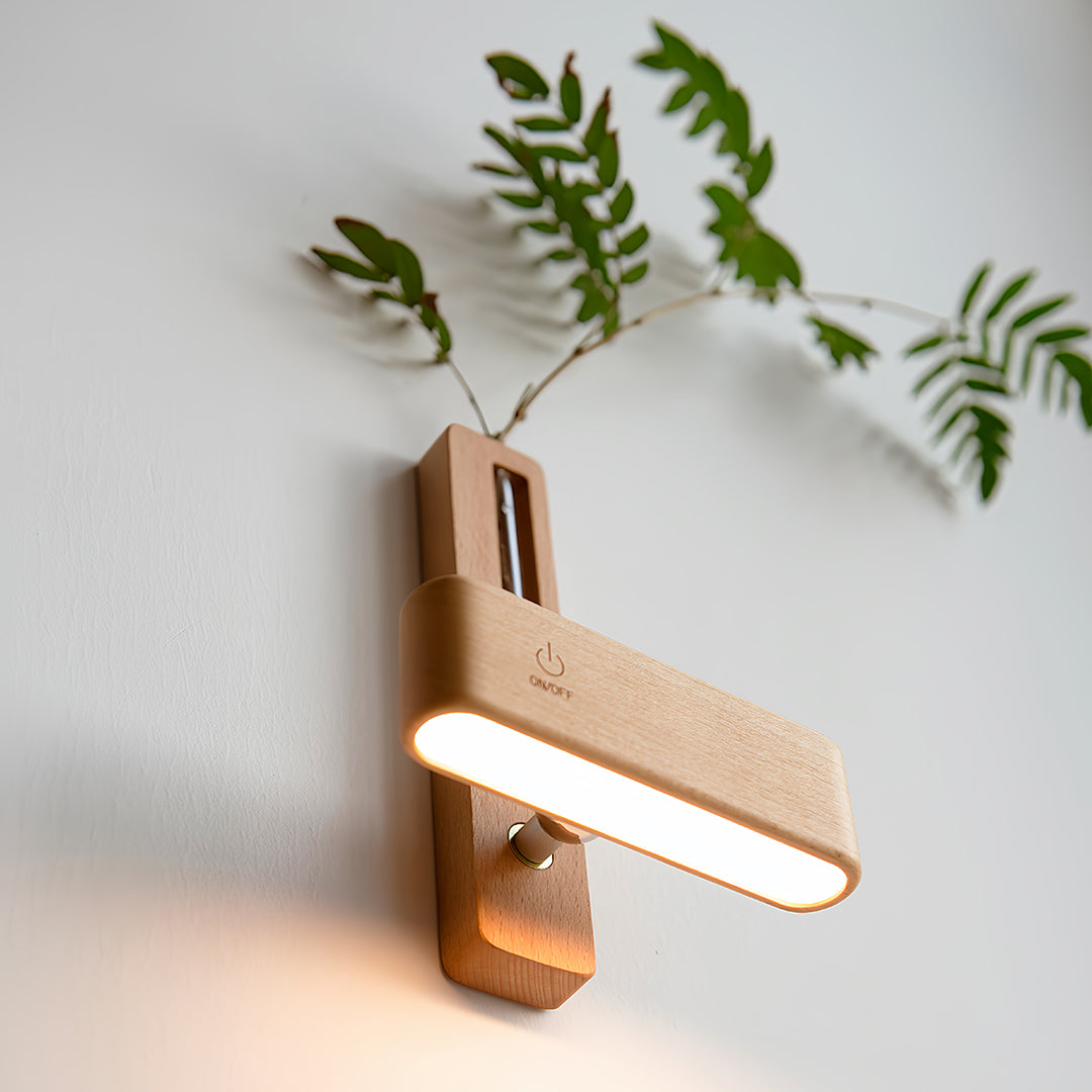 Minimalist Wooden Wall Sconce with Glass Vase and Wireless Magnetic Design