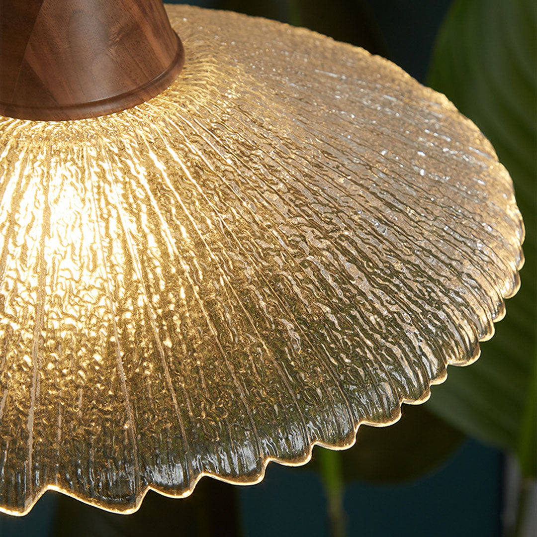 Walnut Wood Pendant Light with Brass Accents and Glass Shade