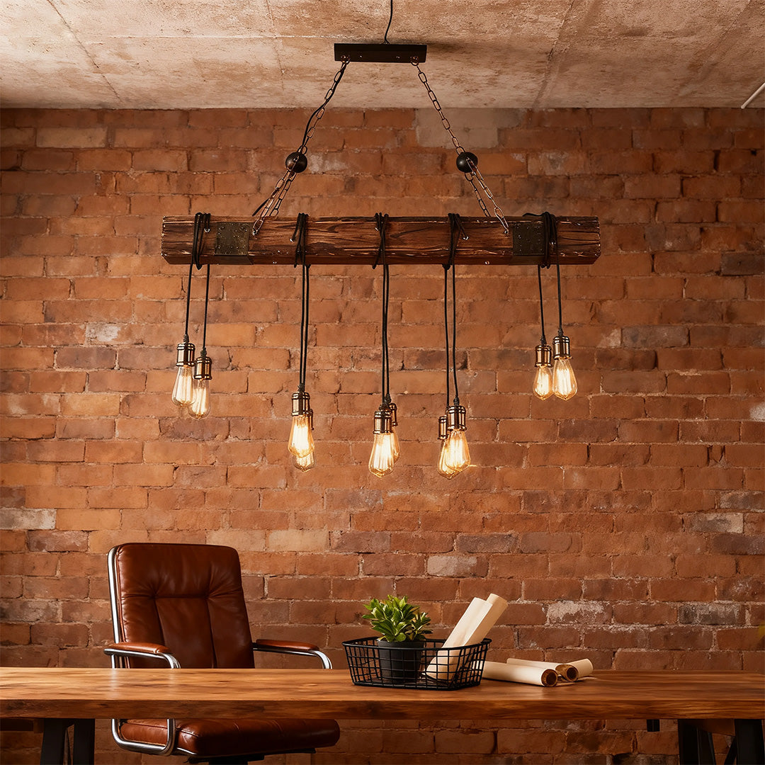 American Vintage Iron and Wood Linear Pendant Light, 10-Light