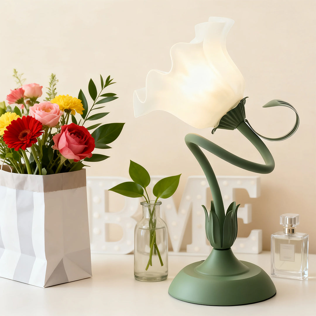 Vintage French Green Floral Table Lamp with Twistable Acrylic Shade