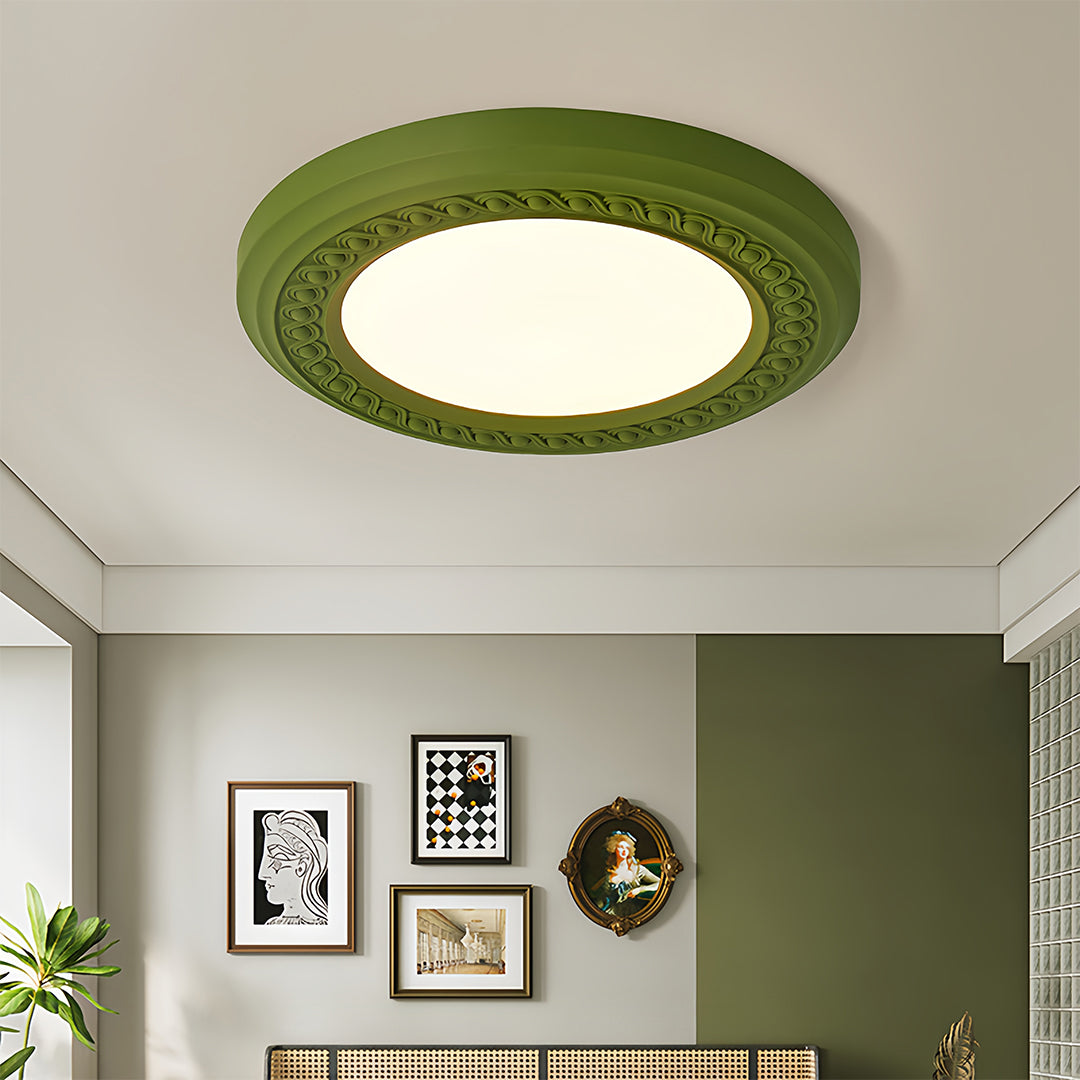 French Retro Flush Mount Ceiling Light with Carved Resin and Acrylic Shade