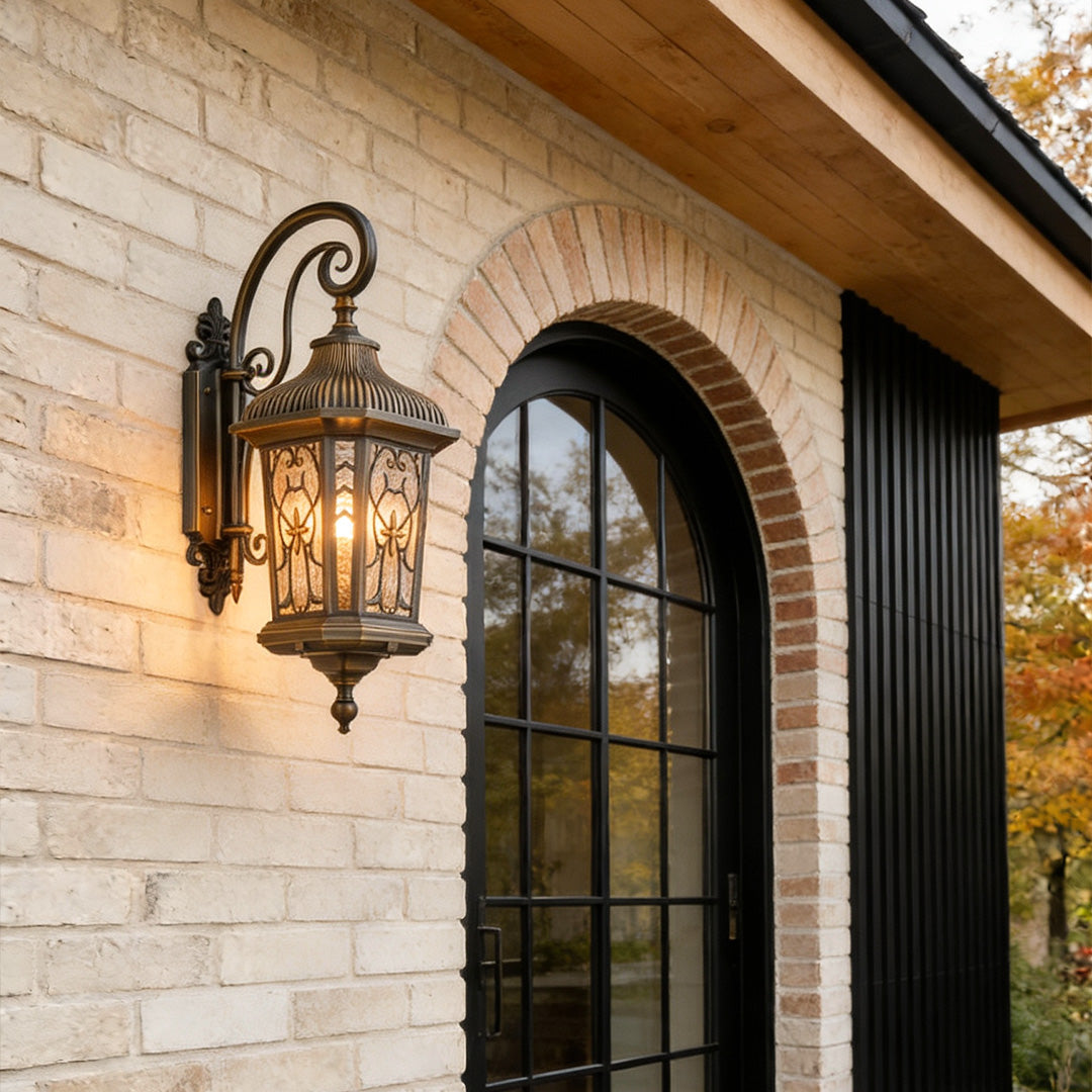 European Outdoor Lantern Wall Sconce in Antique Copper Brass with Clear Glass