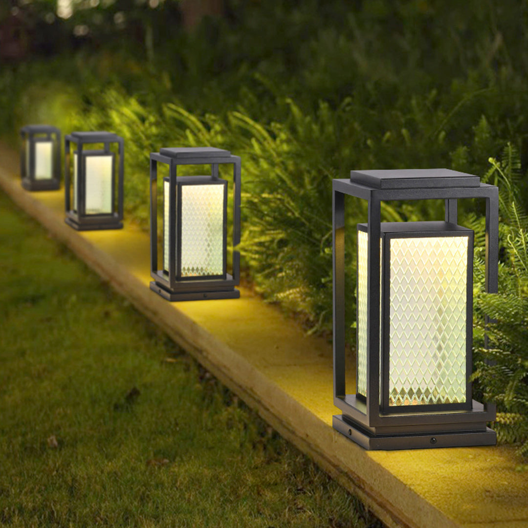 Industrial Outdoor Glass Lantern Bollard Light, Weatherproof Black Square Lawn Lamp