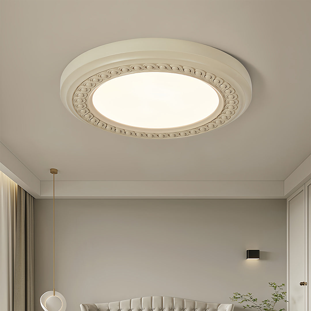 French Retro Flush Mount Ceiling Light with Carved Resin and Acrylic Shade