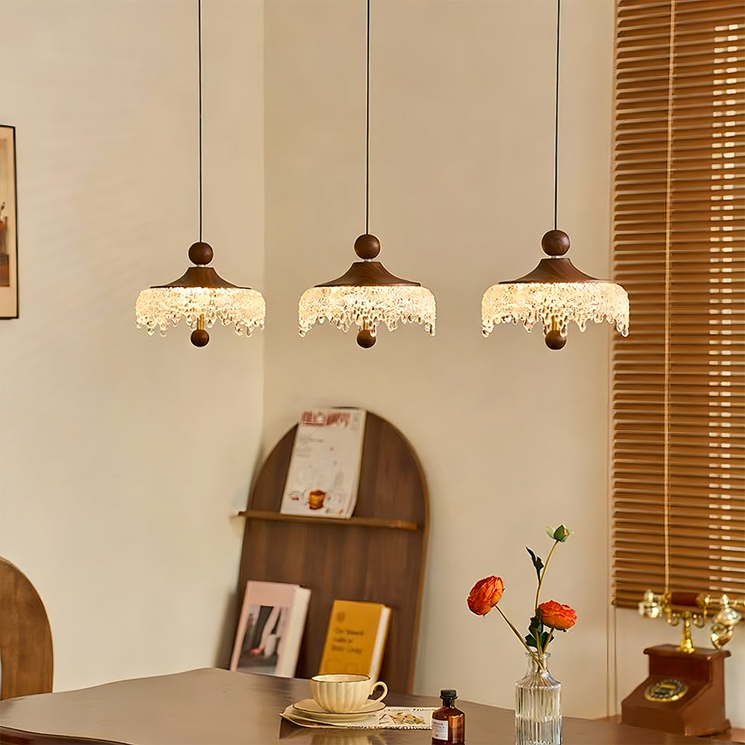 Walnut Teardrop Pendant Light with Acrylic Shade, Adjustable LED Hanging Lamp