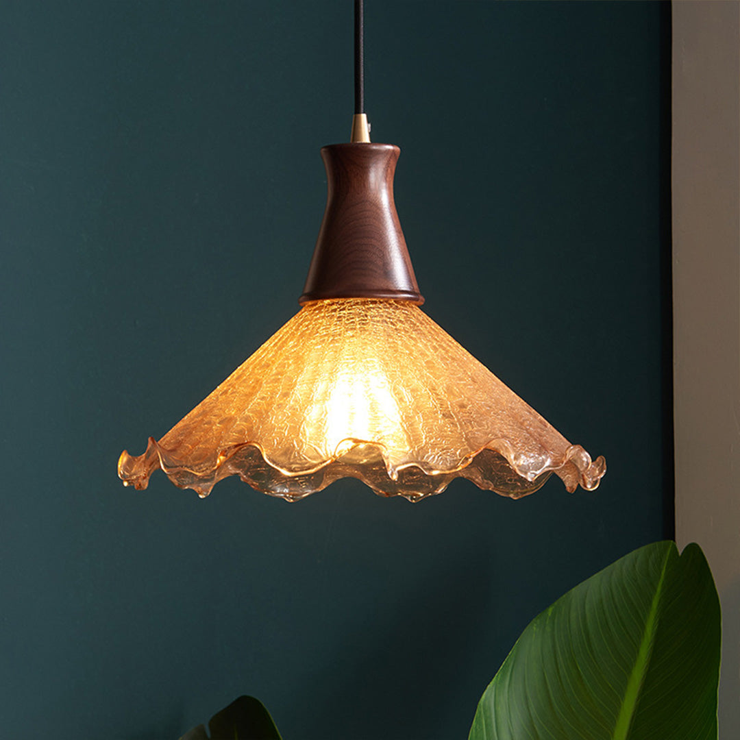 Vintage Brass Pendant Light with Walnut Wood and Cracked Glass Shade
