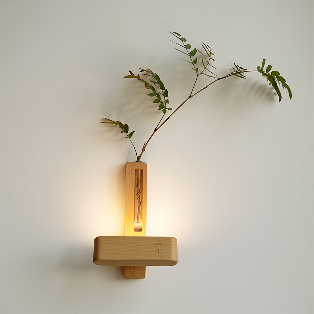 Minimalist Wooden Wall Sconce with Glass Vase and Wireless Magnetic Design