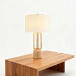 Nordic Geometric Cage Table Lamp with Limestone Base and Fabric Shade
