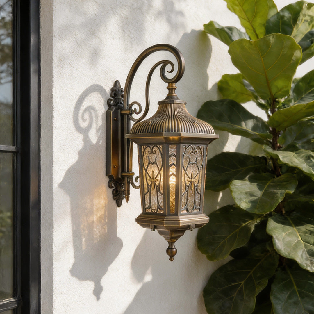 European Outdoor Lantern Wall Sconce in Antique Copper Brass with Clear Glass