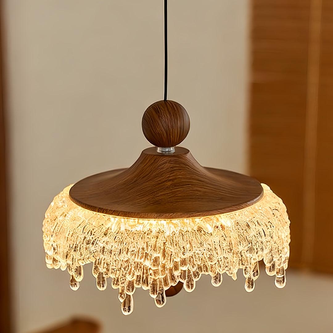 Walnut Teardrop Pendant Light with Acrylic Shade, Adjustable LED Hanging Lamp