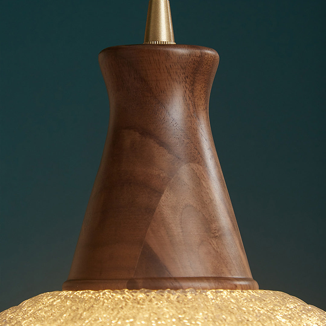 Walnut Wood Pendant Light with Brass Accents and Glass Shade