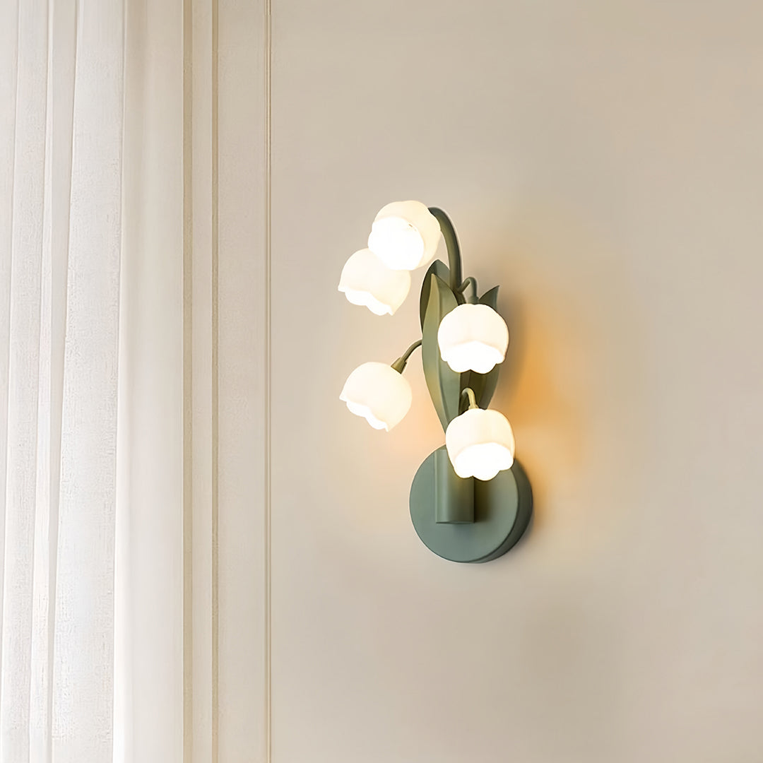French Country Bellflower Glass Wall Sconce – Green Iron Floral Light